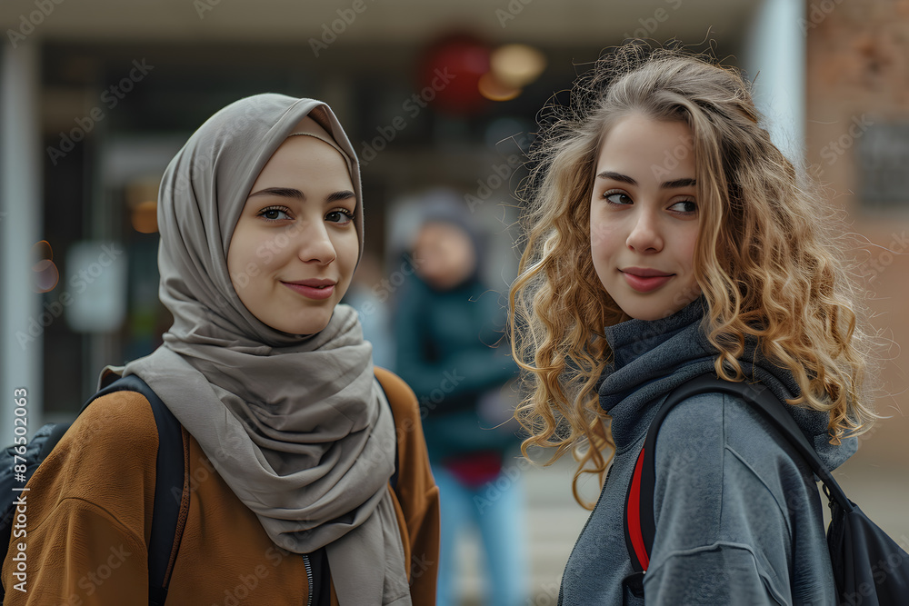 Two friends, a Muslim girl in a hijab and a white blonde girl go to study Two friends, a Muslim girl in a hijab and a white blonde girl go to study