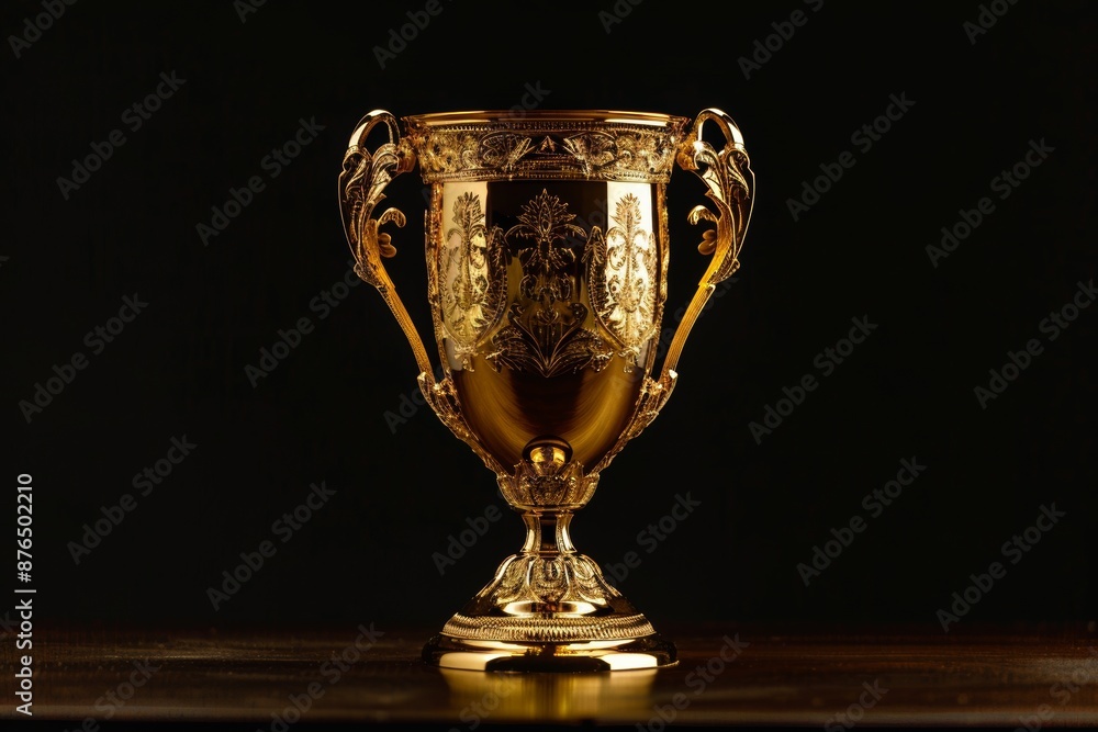 Golden champion trophy cup alone on dark black background for victory celebration Golden champion trophy cup alone on dark black background for victory celebration