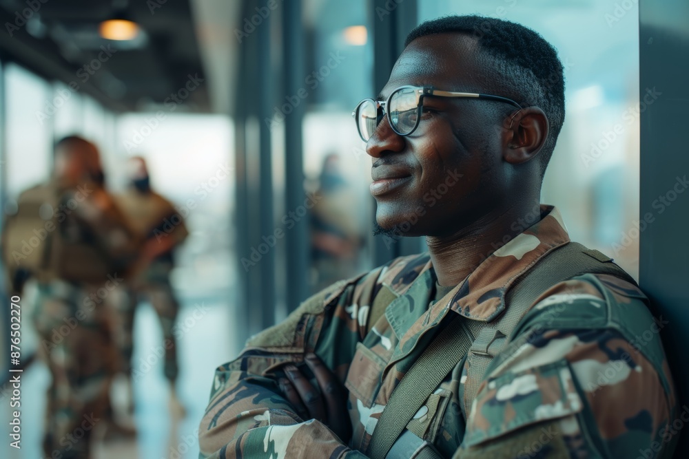 © LukaszDesign - Pride, professional hero service, confident soldier mindset, mockup and arms crossed in army development. Black man in camouflage at government agency, military profession, security, and courage.