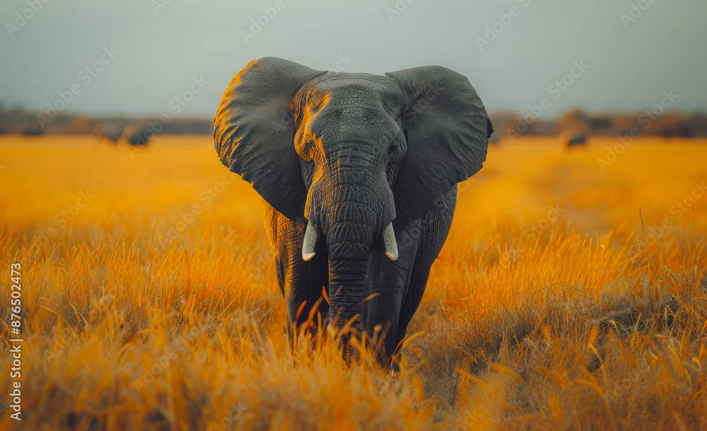 Naklejka premium A large elephant is standing in a field of tall grass. Concept of tranquility and natural beauty