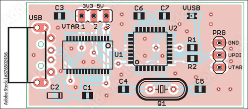Placement of components of radio elements (contact
pads and seats) on the printed circuit board of an electronic device. Vector engineering 
drawing of a pcb. Electric background. 
