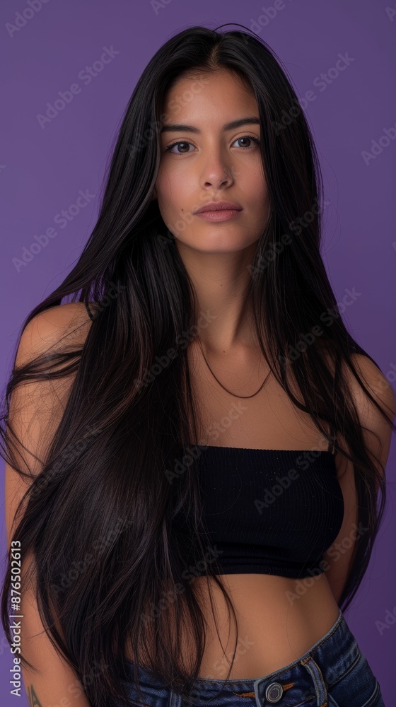 Fototapeta premium Portrait, woman in studio with waves, skincare, and facial beauty. Young model with wavy hair, natural salon cosmetics, aesthetic color dye, and shine shampoo.