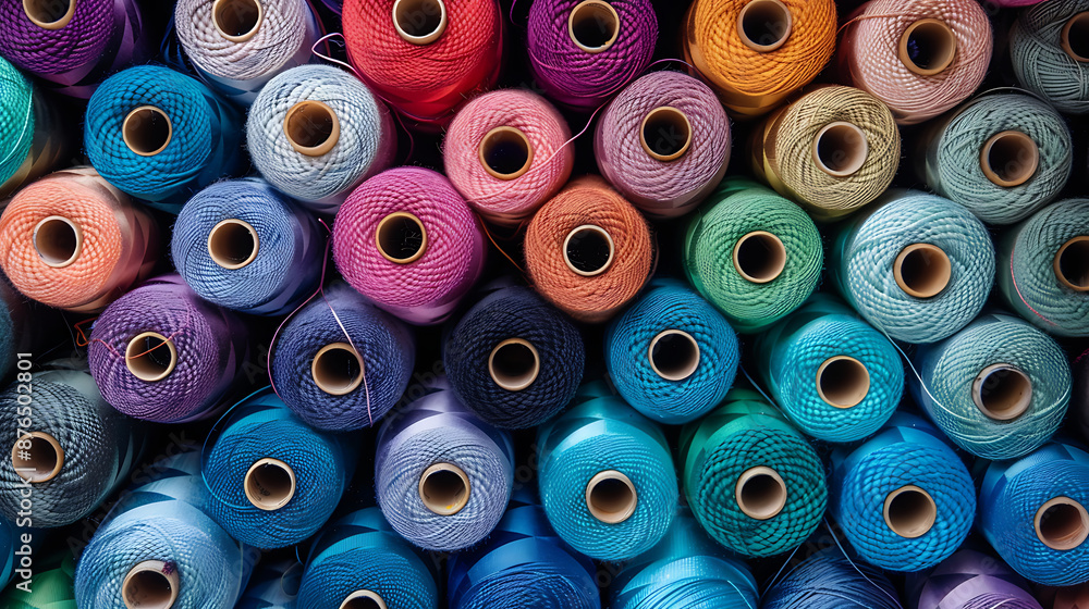 Fototapeta premium a collection of colorful thread spools arranged in rows, showcasing a gradient of hues from blues to greens, purples, pinks, and oranges.