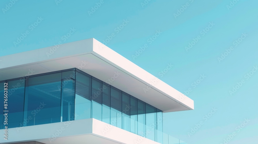 A minimalist modern building with clean lines and large glass windows, against a clear blue sky A minimalist modern building with clean lines and large glass windows, against a clear blue sky