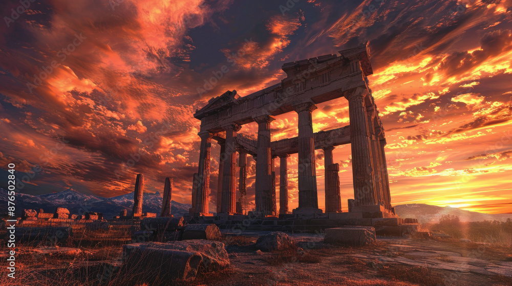 Fototapeta premium Ruins of Ancient temple against dramatic sky, old destroyed historical architecture at sunset. Theme of Greece, travel, Greek landscape, view, past