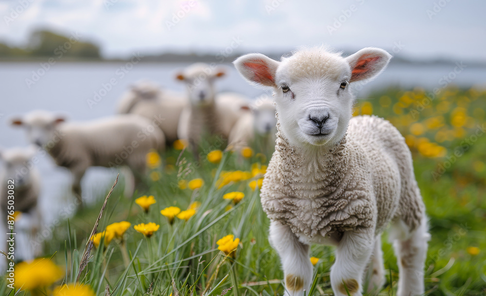 Fototapeta premium A baby lamb stands in a field of yellow flowers. The lamb is the center of attention, surrounded by other sheep