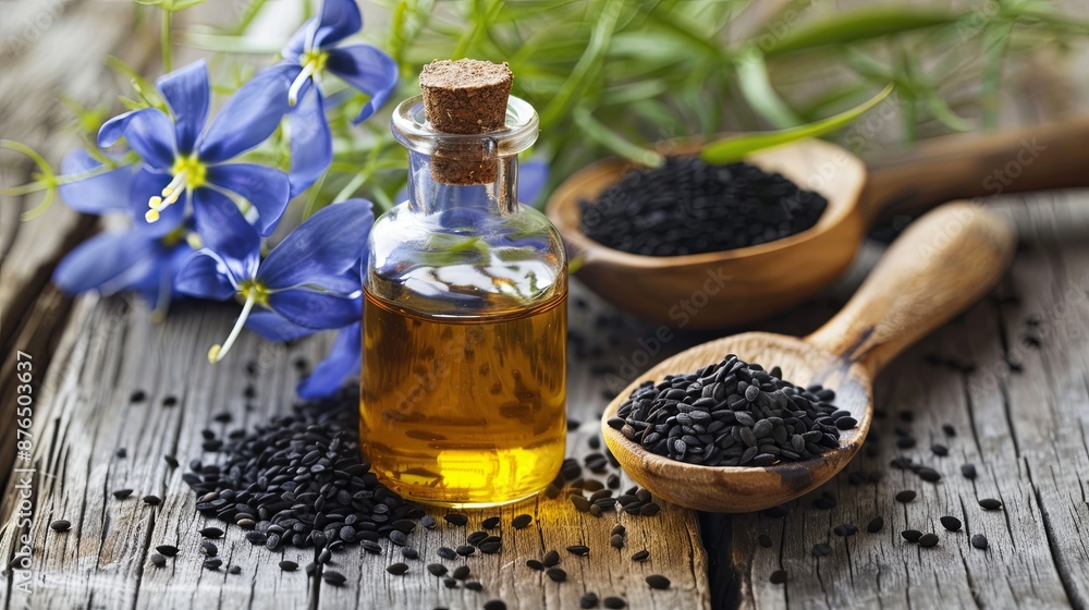 Ethiopian Black Cumin Oil Benefits With Seeds and Flowers on Rustic Wooden Background Ethiopian Black Cumin Oil Benefits With Seeds and Flowers on Rustic Wooden Background