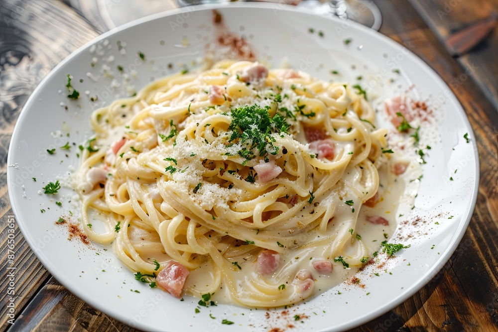 Creamy Carbonara Pasta Dish With Parsley and Parmesan Cheese Creamy Carbonara Pasta Dish With Parsley and Parmesan Cheese