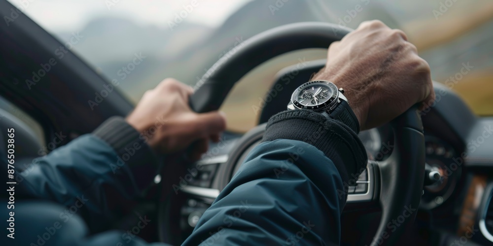Married man with hands and driving the car for road trips or rural transportation. Male person, wedding band, and car steering wheel for vacation or adventure. Married man with hands and driving the car for road trips or rural transportation. Male person, wedding band, and car steering wheel for vacation or adventure.