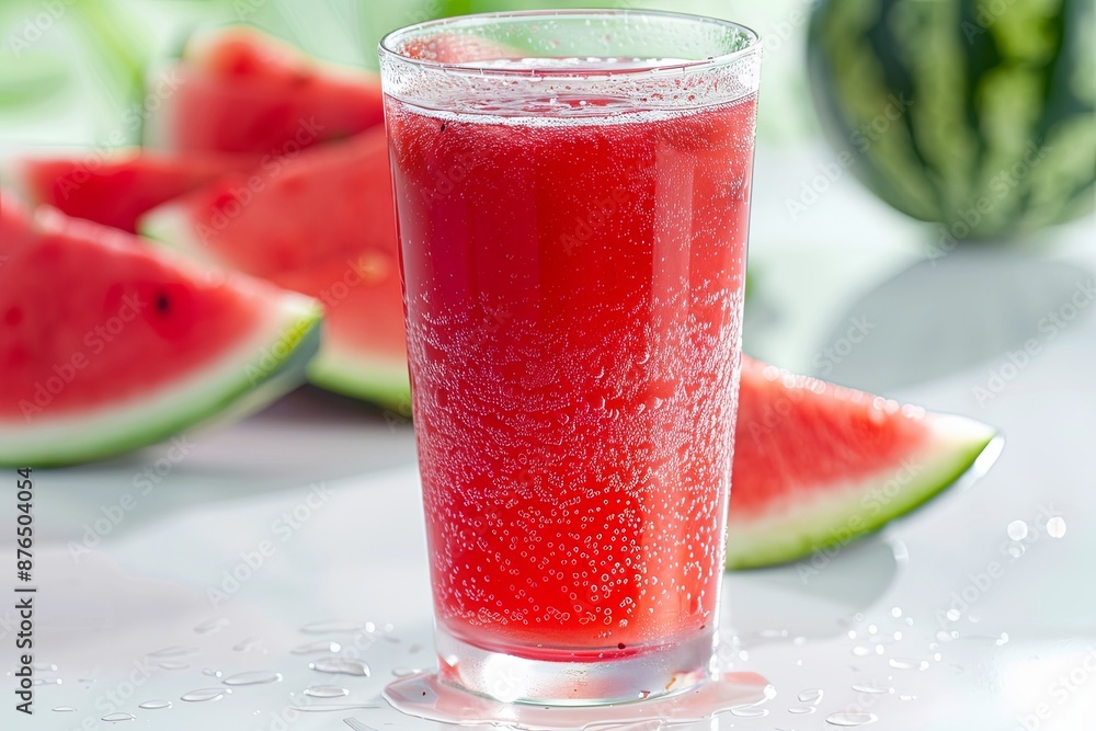 Refreshing Glass of Watermelon Juice With Slices on a White Tabletop Refreshing Glass of Watermelon Juice With Slices on a White Tabletop