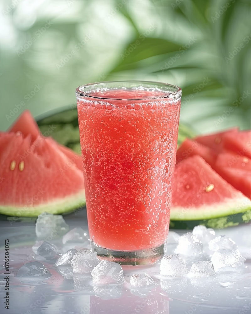 Refreshing Watermelon Juice With Ice Cubes and Slices on a Table Refreshing Watermelon Juice With Ice Cubes and Slices on a Table