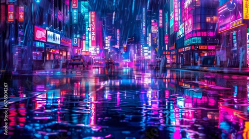 A night-time cityscape with neon lights reflecting on wet streets, creating a cyberpunk aesthetic 