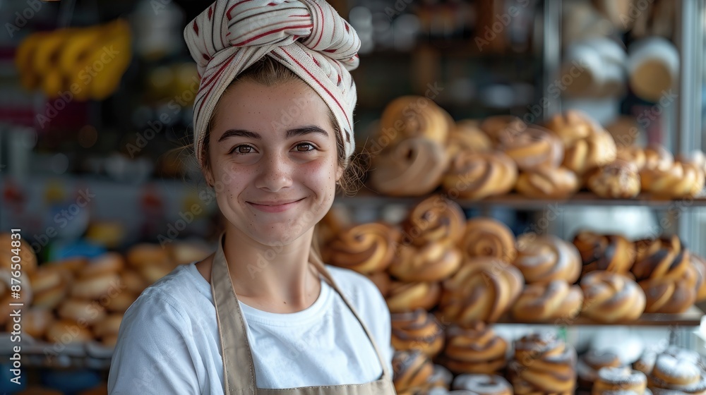 A female pastry owner, Cake baker girl in a bakery, baker outfit. Generative AI. A female pastry owner, Cake baker girl in a bakery, baker outfit. Generative AI.
