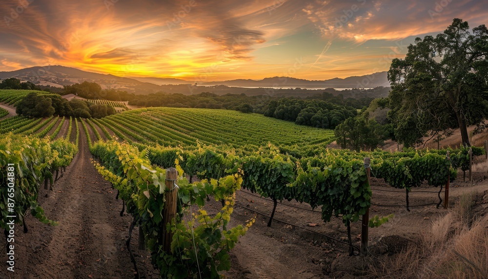 Naklejka premium Wide-Angle Vineyard Scene: Capturing the Serenity of a Sunset Over a Vineyard