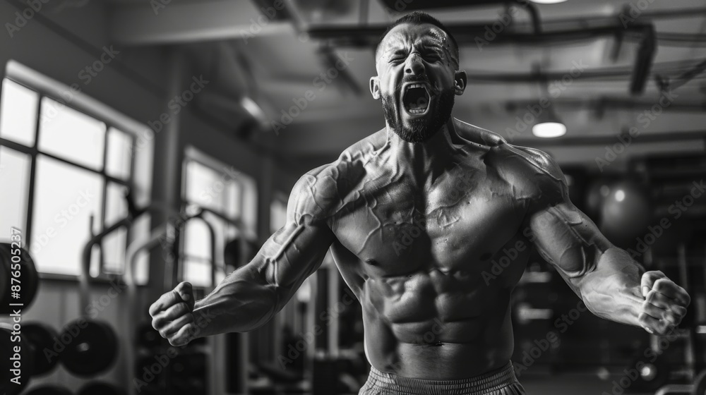 Muscular Man Shouting in a Modern Gym During a Workout. Generative AI Muscular Man Shouting in a Modern Gym During a Workout. Generative AI