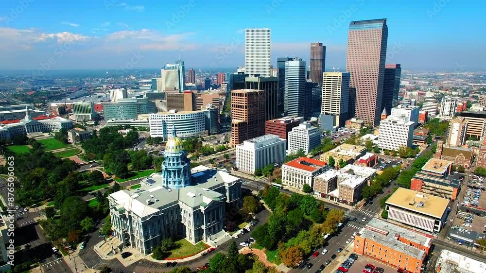 Aerial Shot Of Colorado State Building In Modern City, Drone Flying Forward On Sunny Day - Denver, Colorado Aerial Shot Of Colorado State Building In Modern City, Drone Flying Forward On Sunny Day - Denver, Colorado