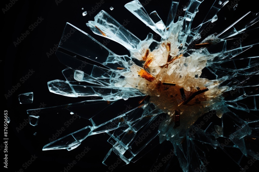 cracked glass object on black background, smashed glass texture, shards ...