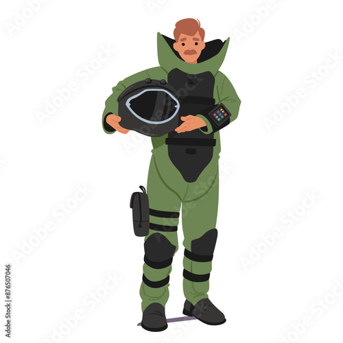 Bomb Disposal Expert Wearing Green Protective Suit And Holding A Helmet. Deminer Character Appears Prepared And Focused