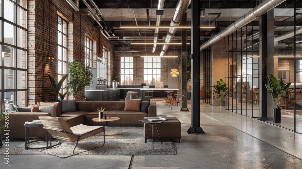 A spacious loft-style living room with a modern industrial aesthetic, rendered in 3D. A spacious loft-style living room with a modern industrial aesthetic, rendered in 3D.