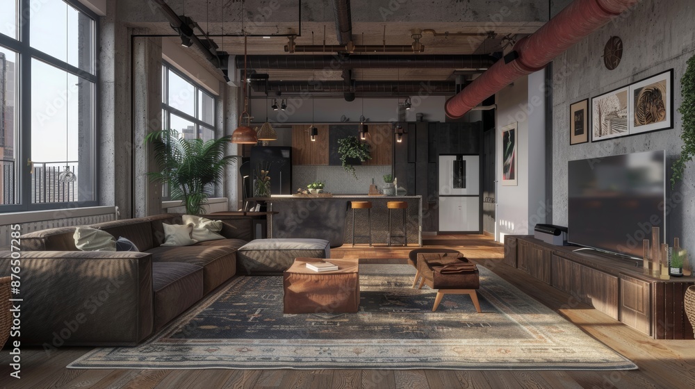 A spacious loft-style living room with a modern industrial aesthetic, rendered in 3D. A spacious loft-style living room with a modern industrial aesthetic, rendered in 3D.