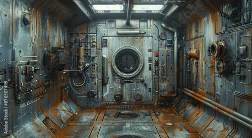 A dilapidated space ship airlock door, a keypad to the right, small indicator lights scattered around, conduit and pipes run along the walls, many access panels on most surfaces. Generative AI. photo