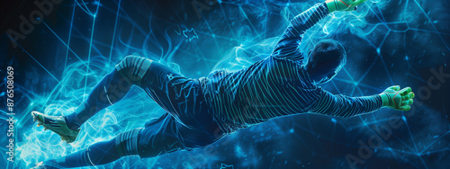 A digital male soccer goalkeeper in a high-tech virtual environment creating a futuristic and dynamic sports scene.