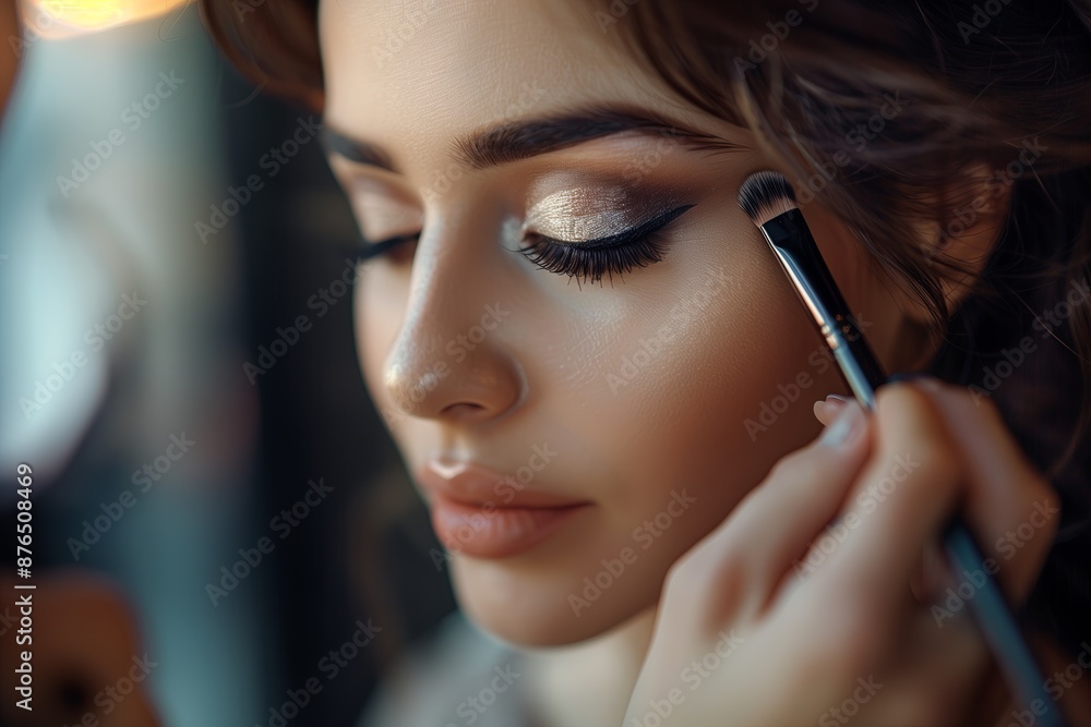 Beautiful young woman applying make-up with cosmetic brush, closeup Beautiful young woman applying make-up with cosmetic brush, closeup
