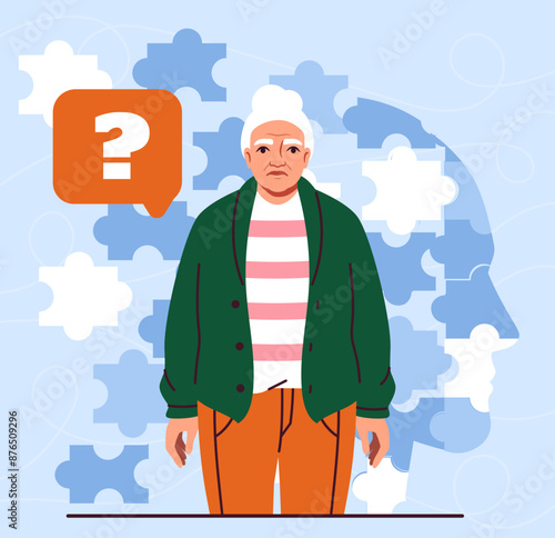 Old woman with alzheimers disease. Pensioner stands in front of head made of puzzles. Memory problems and impairment of basic brain function. Cognitive illness. Cartoon vector illustration