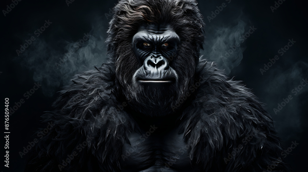A dark and mysterious gorilla stares out from the darkness, its intense gaze evoking both fear and fascination. A dark and mysterious gorilla stares out from the darkness, its intense gaze evoking both fear and fascination.