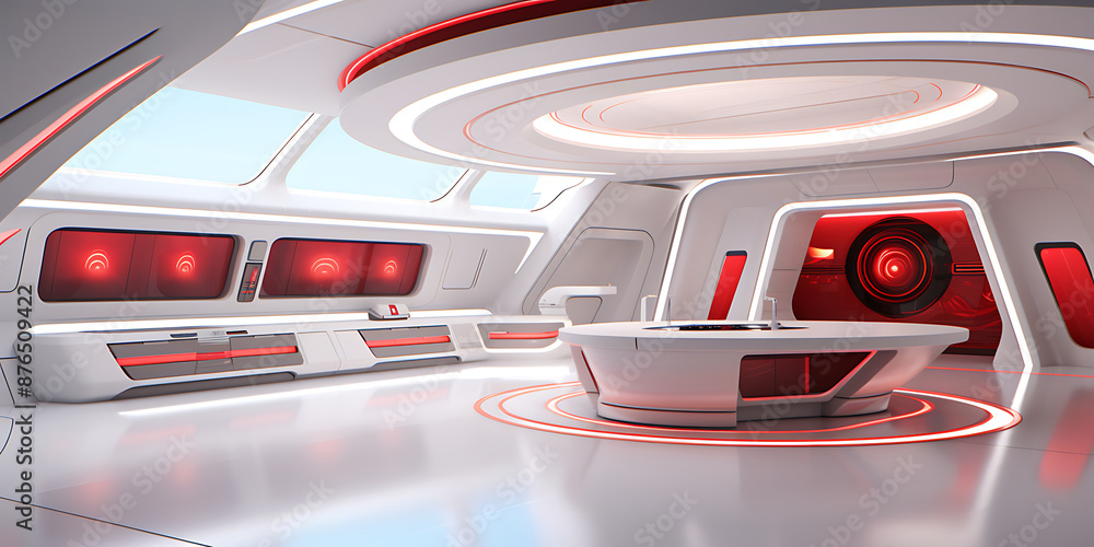 Fototapeta premium Futuristic spaceship interior with white and red color scheme