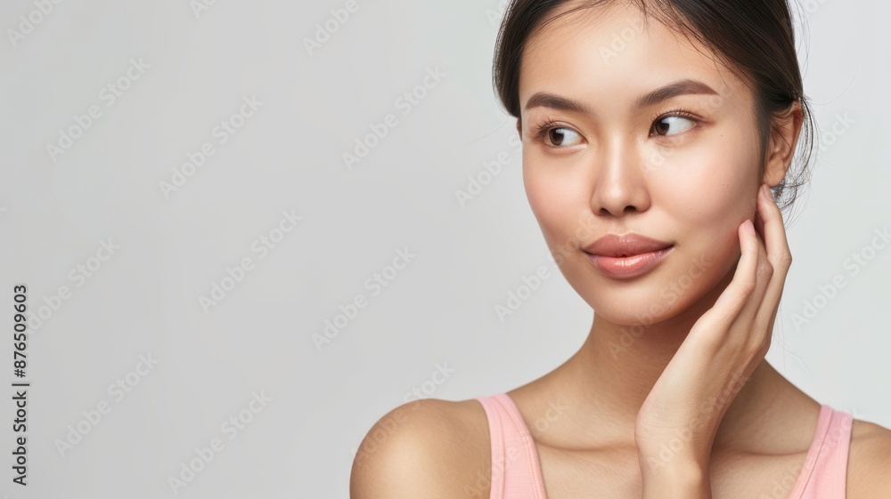 Beautiful Asian woman with flawless skin. Skincare concept. Beautiful young Asian woman practicing skincare. smooth face touches her healthy facial skin. Copy space for text. Beautiful Asian woman with flawless skin. Skincare concept. Beautiful young Asian woman practicing skincare. smooth face touches her healthy facial skin. Copy space for text.