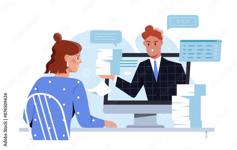 Angry boss at work. Man with documents in hands shouts at woman. Boss dissatisfied with work of subordinate. Negative feelings and emotions. Flat vector illustration isolated on white background Angry boss at work. Man with documents in hands shouts at woman. Boss dissatisfied with work of subordinate. Negative feelings and emotions. Flat vector illustration isolated on white background