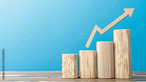 Wooden blocks with a growth graph and arrow up on a blue background, in the style of a financial growth plan for business development. Flat lay. High quality, no realistic photo details.