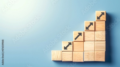 Wooden blocks with a growth graph and arrow up on a blue background, in the style of a financial growth plan for business development. Flat lay. High quality, no realistic photo details.