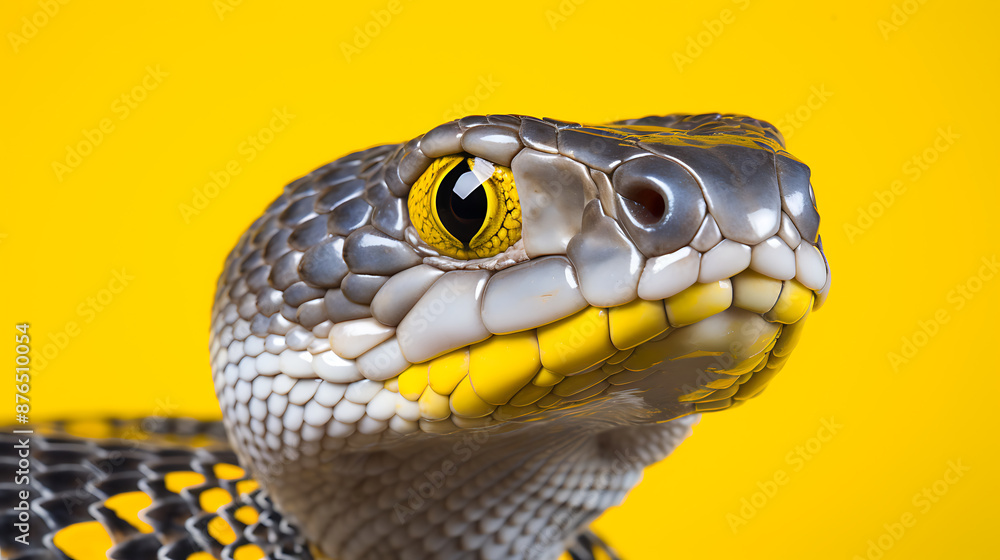 Fototapeta premium Closeup of a gray-black-yellow snake's face staring at you with curiosity and wonder.