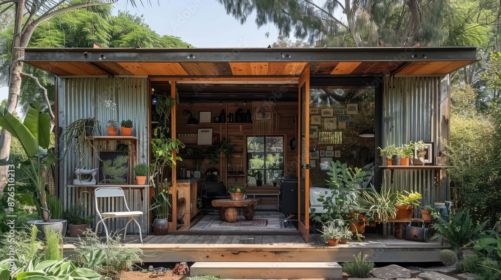 A small cabin made of wood and corrugated iron, the door is open to see inside with plants on both sides of it. There is an outdoor seating area in front. Generative AI. A small cabin made of wood and corrugated iron, the door is open to see inside with plants on both sides of it. There is an outdoor seating area in front. Generative AI.