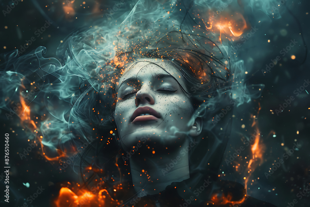 Woman engulfed in smoke and fire, serene amidst chaos.
Woman engulfed in smoke and fire, serene amidst chaos.
