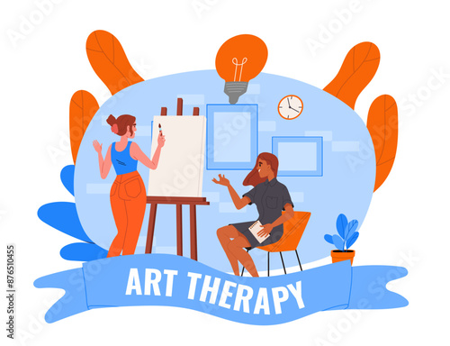 Art therapy concept. Woman with canvas paints portrait of her friend. People in creative studio and workshop. Artist with equipment. Flat vector illustration isolated on white background