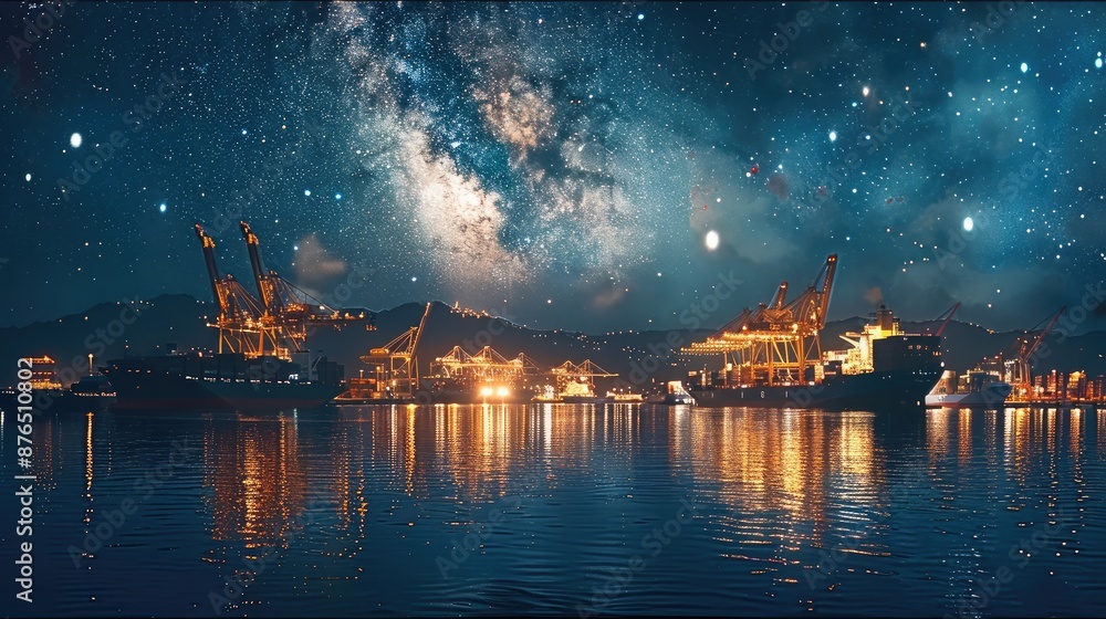 A harbor under a starry night sky, featuring cranes and cargo ships in motion, illustrating the continuous flow of goods in global trade networks. Generative AI. A harbor under a starry night sky, featuring cranes and cargo ships in motion, illustrating the continuous flow of goods in global trade networks. Generative AI.