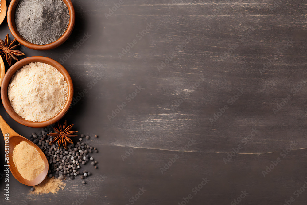 Various spices in wooden bowls and a spoon on a dark wooden background Various spices in wooden bowls and a spoon on a dark wooden background