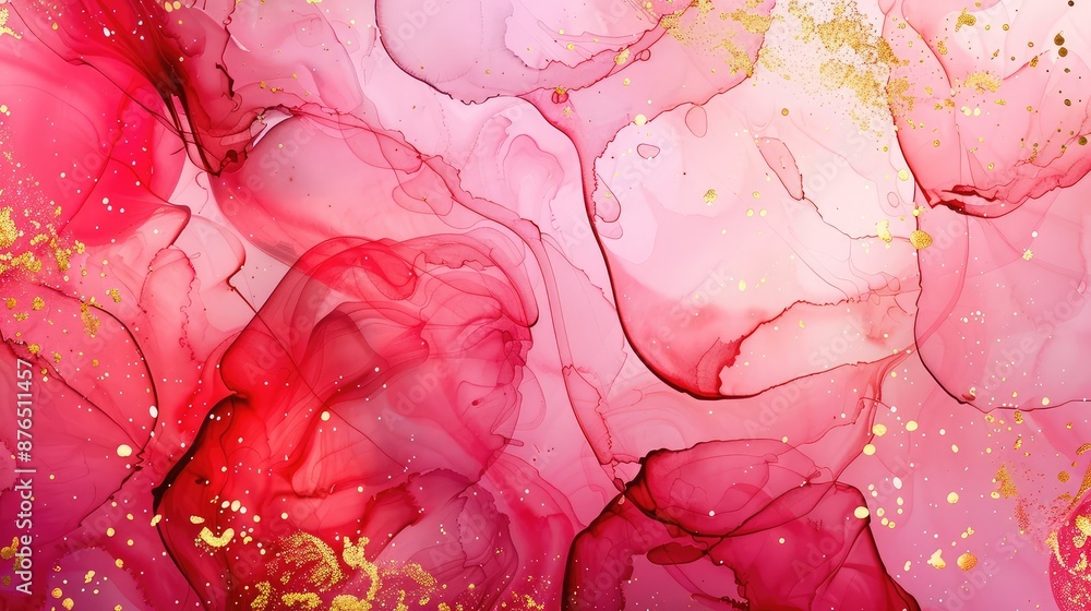 Obraz premium Abstract Marbled Ink: Soft Red Petals and Gold Swirls