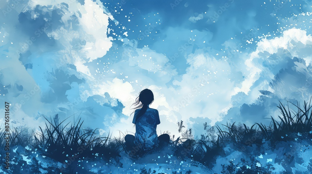 Skybound Contemplation: Isolated Lady on Blue Background Skybound Contemplation: Isolated Lady on Blue Background