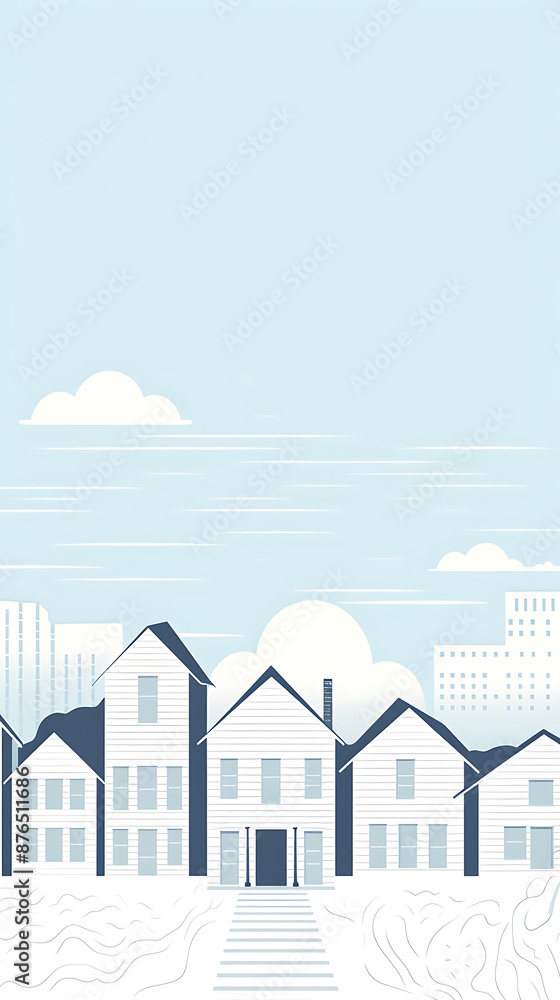 Naklejka premium Peaceful neighborhood, simple houses, calm blue sky. 