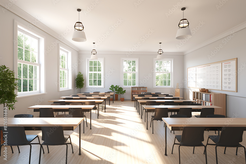 Fototapeta premium Bright and sunny classroom with empty wooden student desks and chairs arranged in rows, blackboard, windows, plants, and a globe