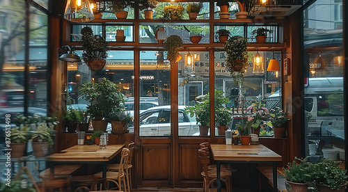 Fototapeta Naklejka Na Ścianę i Meble -  Modern small restaurant, located on the city streets, with wooden windows on the indoor windowsill and light strips below, green plants and potted plants in the corners. Generative AI.