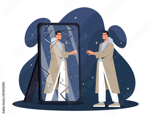 Man with broken mirror. Young guy in raincoat in dark looks at reflection in cracked mirror. Cracks in glass. Bipolar disorder and schizophrenia. Flat vector illustration isolated on white background
