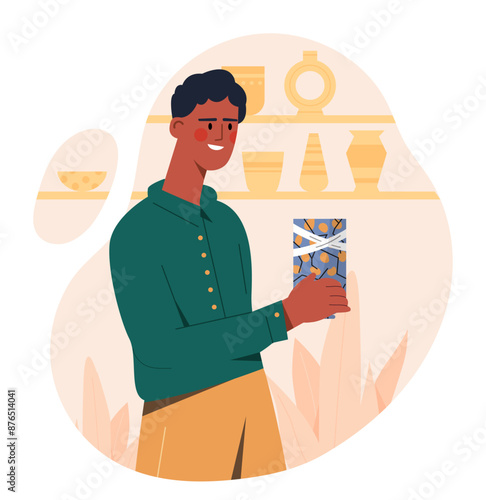 Man with broken vase. Young guy with cracked ceramic products. Pottery and dishware. Person fix crockery. Repair of amphora at home. Flat vector illustration isolated on white background