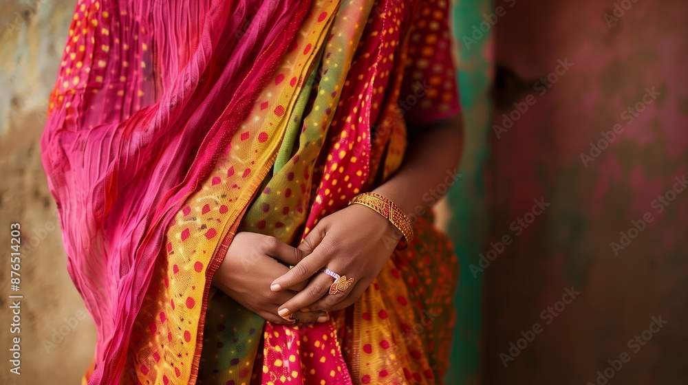 A traditional Bandhani saree, with intricate tie-dye patterns, vibrant colors, and centuries-old heritage. A traditional Bandhani saree, with intricate tie-dye patterns, vibrant colors, and centuries-old heritage.