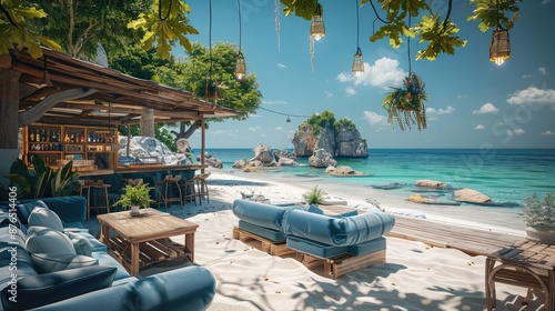 Fototapeta Naklejka Na Ścianę i Meble -  An outdoor beach bar with a wooden structure, blue sofas and white sand, tropical plants on the floor and a view to a beautiful sea and rocks. Generative AI.