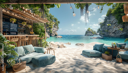 Fototapeta Naklejka Na Ścianę i Meble -  An outdoor beach bar with a wooden structure, blue sofas and white sand, tropical plants on the floor and a view to a beautiful sea and rocks. Generative AI.